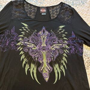 Harley Davidson SZ L black purple/green/rhinestones design.  Lace insert on back